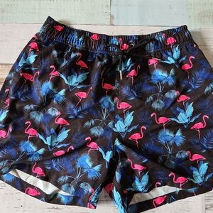 Men's Black Swim Trunks with Pink Flamingo & Blue Leaf Print